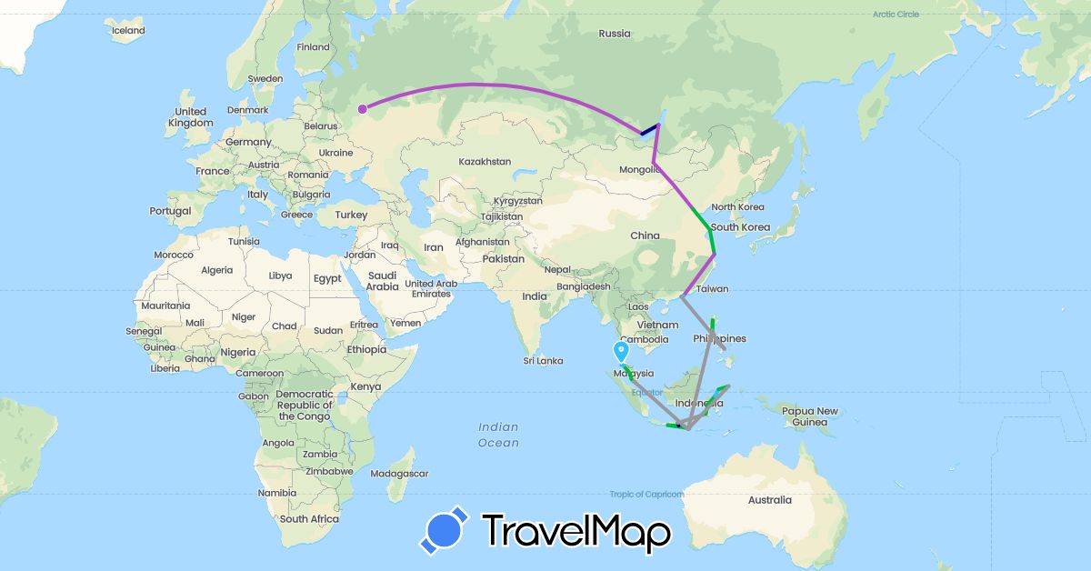 TravelMap itinerary: driving, bus, plane, train, boat in China, Hong Kong, Indonesia, Mongolia, Macau, Malaysia, Philippines, Russia, Thailand (Asia, Europe)